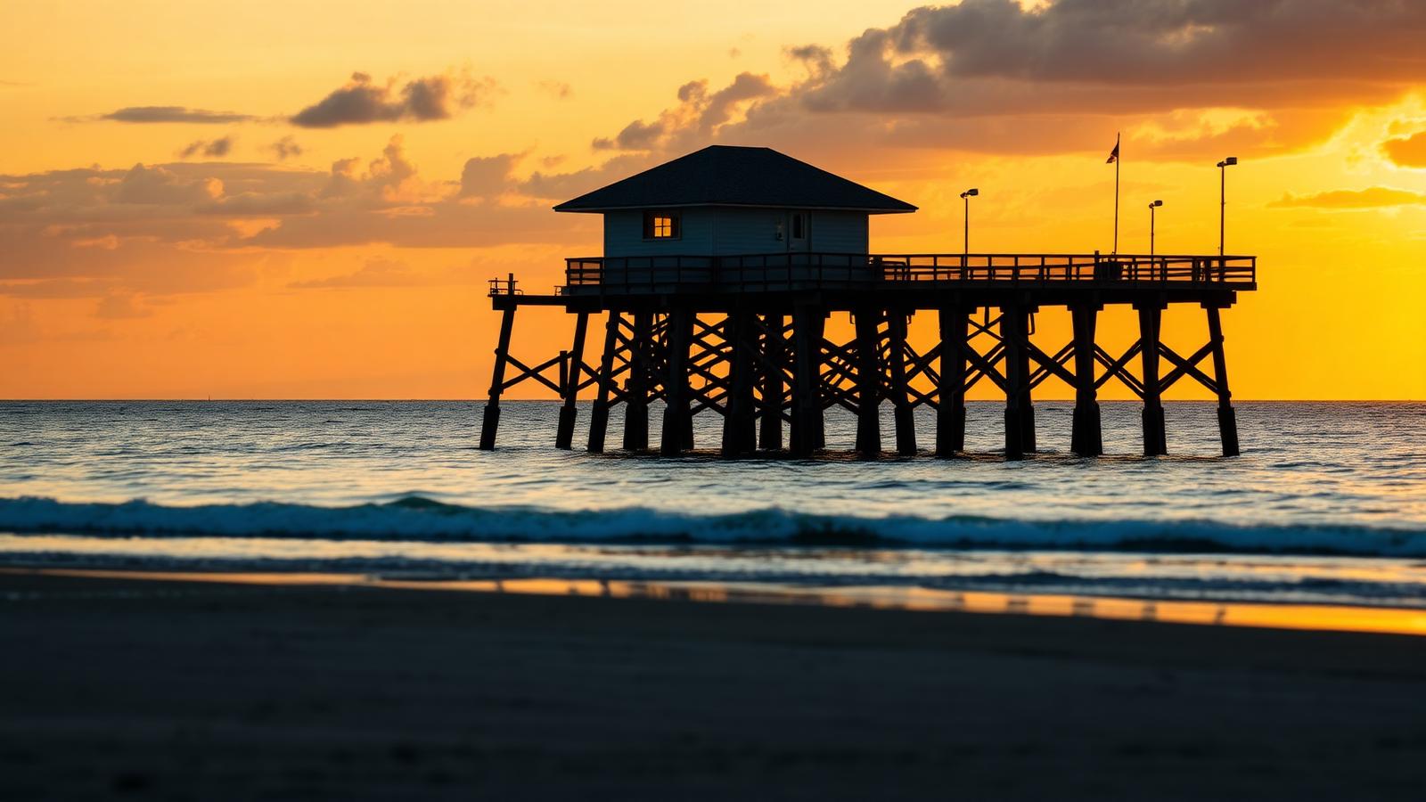 Fishing pier reaching into the Gulf of Mexico at sunset near Dauphin Island, Alabama